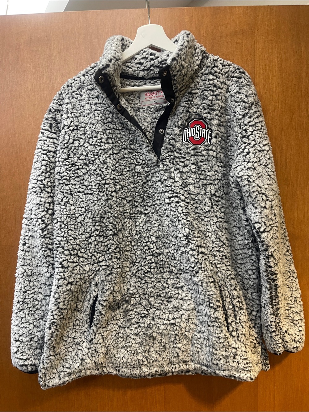 Varsity Men’s Crewneck Sherpa Pullover in Heather Gray with Red Logo